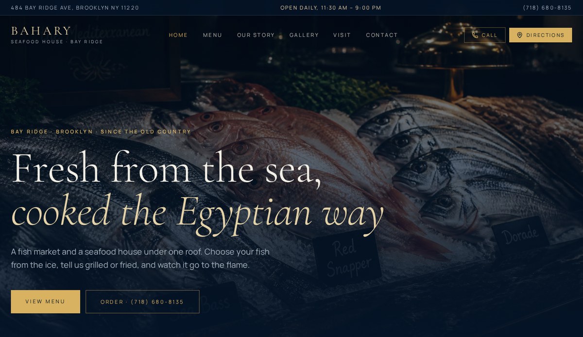 Website we built for Bahary, an Egyptian seafood restaurant and fish market in Bay Ridge, Brooklyn